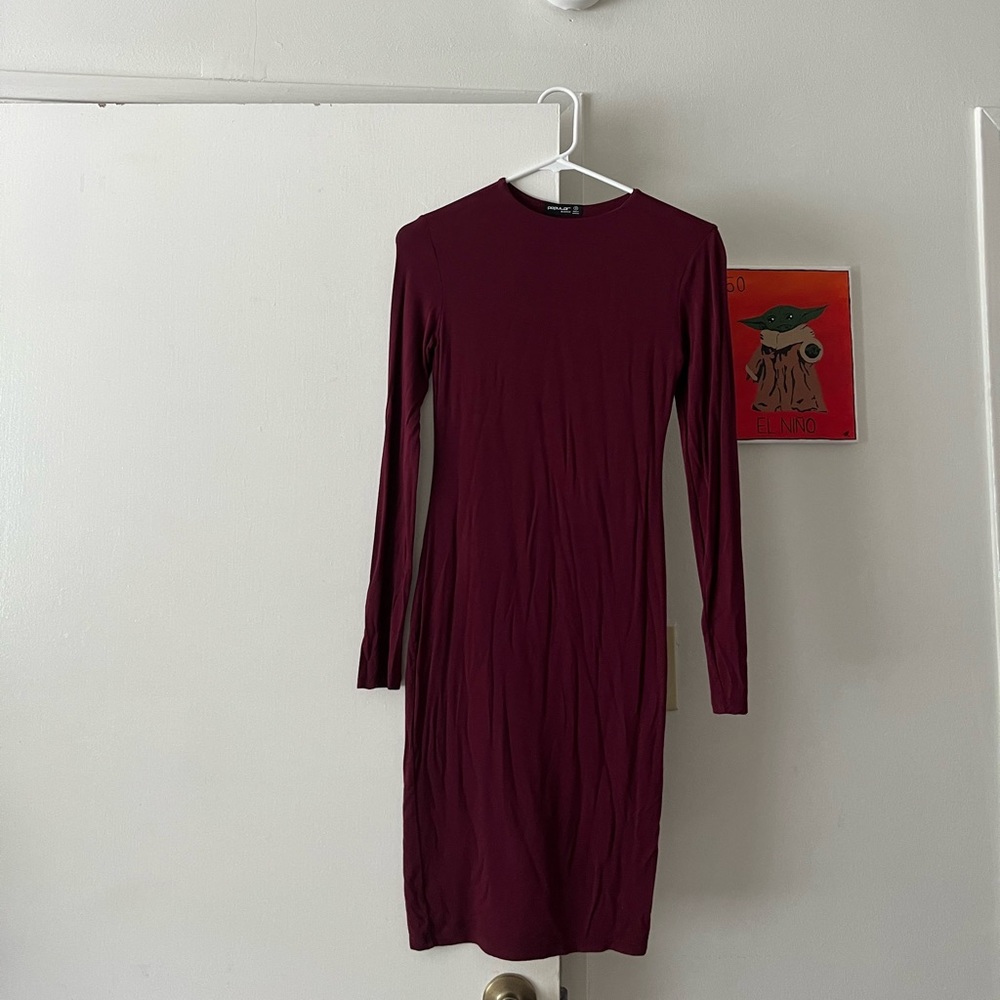 Plain burgundy long-sleeve bodycon dress (S)